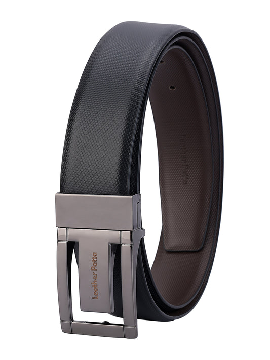 The Signature Duo – Textured Genuine Leather Reversible Belt | Black & Brown | Chrome Buckle | Leather Patta