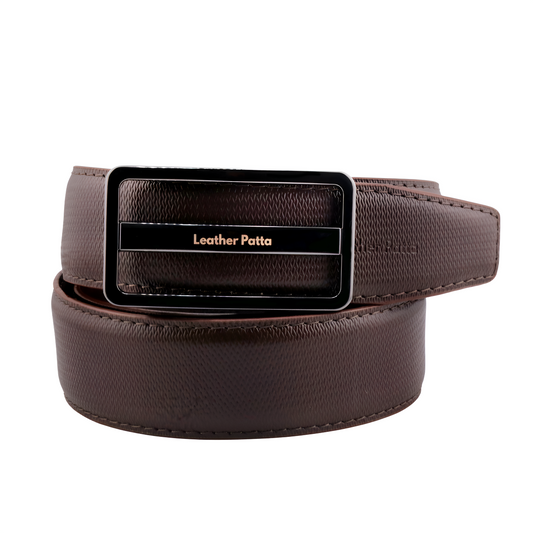 Leather Patta Men's Brown Textured Genuine Leather Auto-Lock Belt – Premium Gloss Buckle