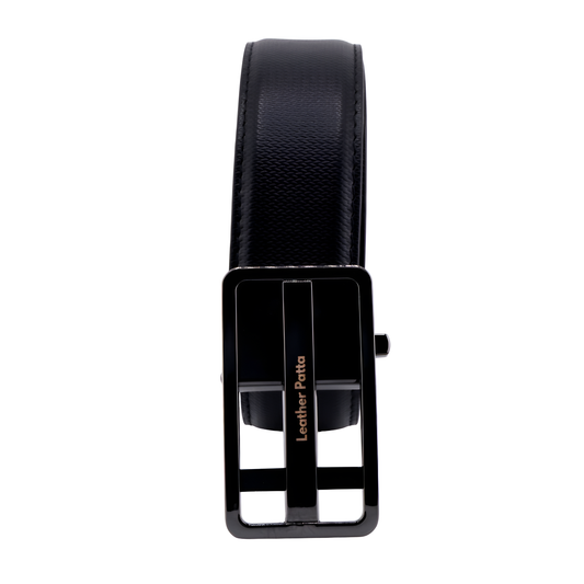 Leather Patta Men's Black Textured Genuine Leather Auto-Lock Belt – Premium Gloss Buckle