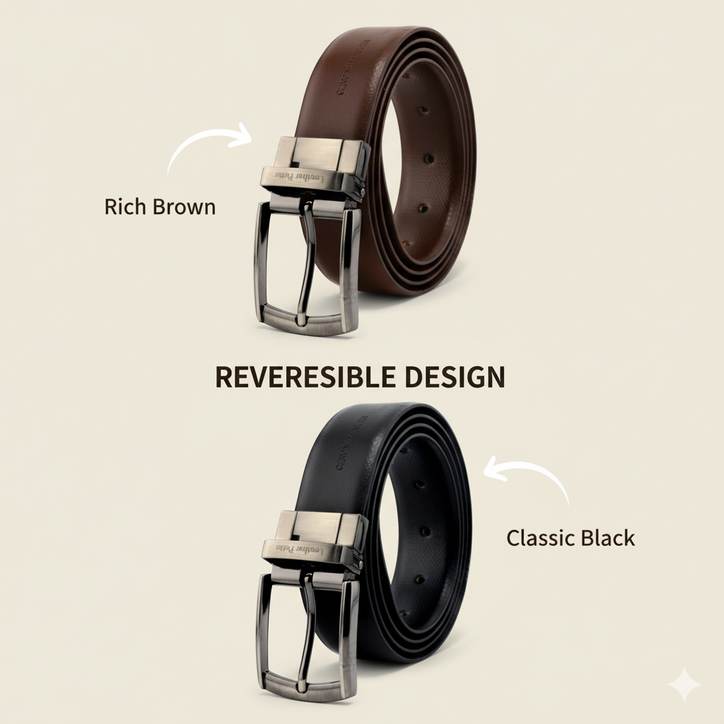 The Corporate Essential – Formal Men’s Reversible Textured Leather Belt | Black & Brown | Lightweight Chrome Buckle | Leather Patta