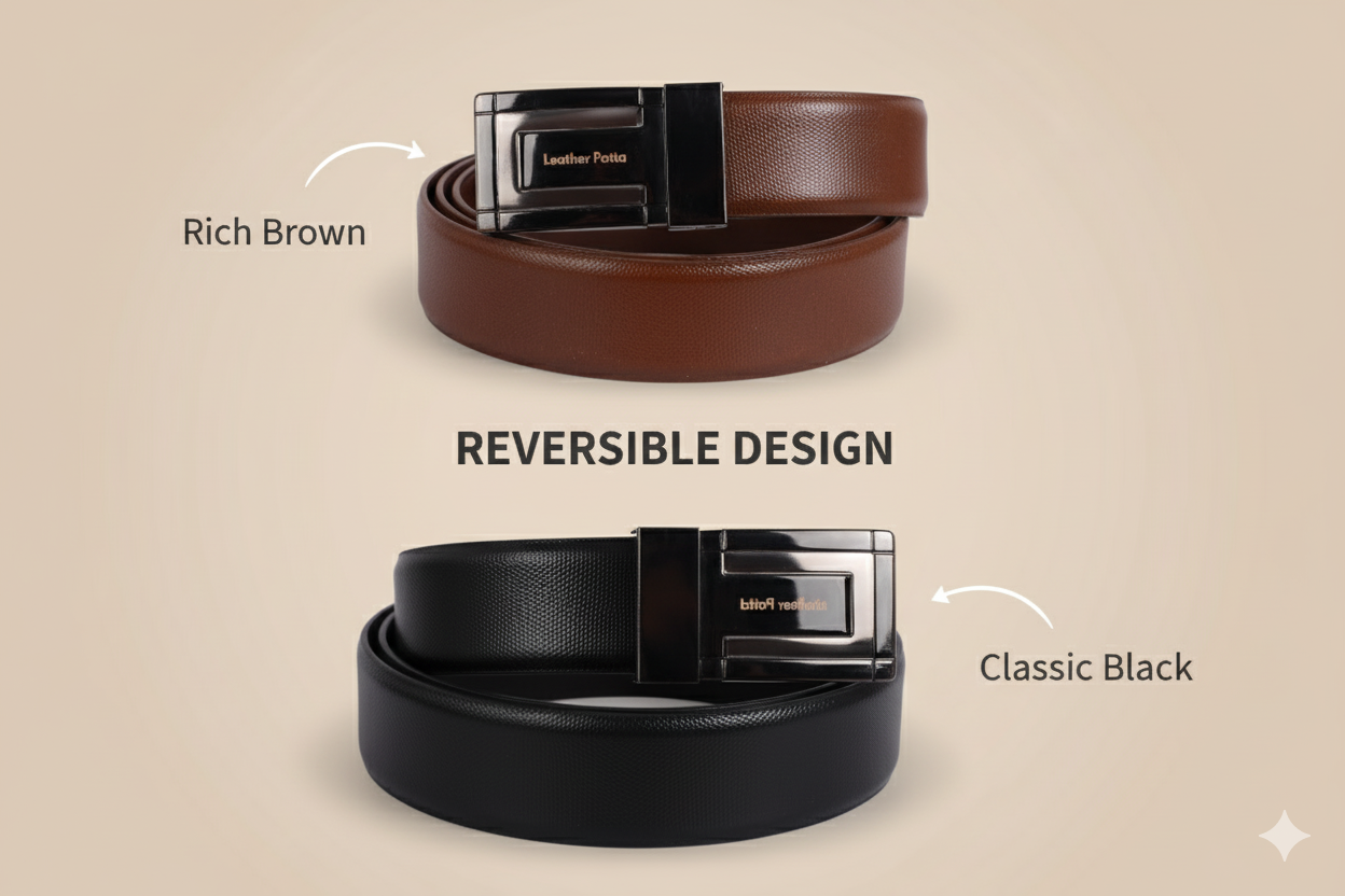 The Signature Duo – Textured Genuine Leather Reversible Belt | Black & Brown | Chrome Buckle | Leather Patta