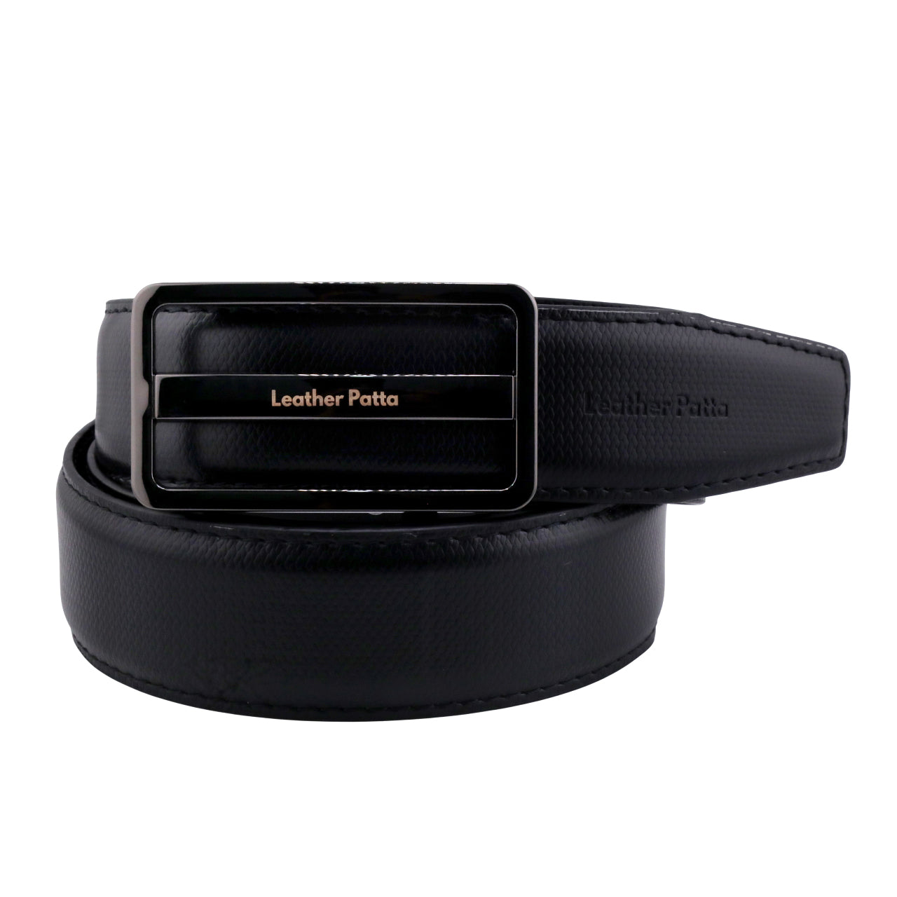 Leather Patta Men's Black Textured Genuine Leather Auto-Lock Belt – Premium Gloss Buckle