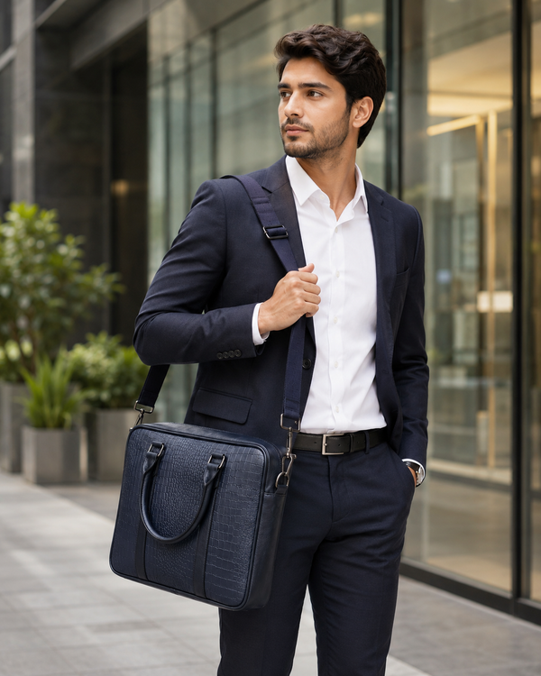 Crocodile Textured Laptop Bag for Men & Women | Professional Office & Business Briefcase with Detachable Shoulder Strap alternate view