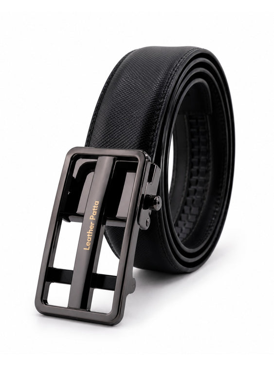 Black Textured Genuine Leather Formal Auto-Lock Belt – Premium Gloss Buckle