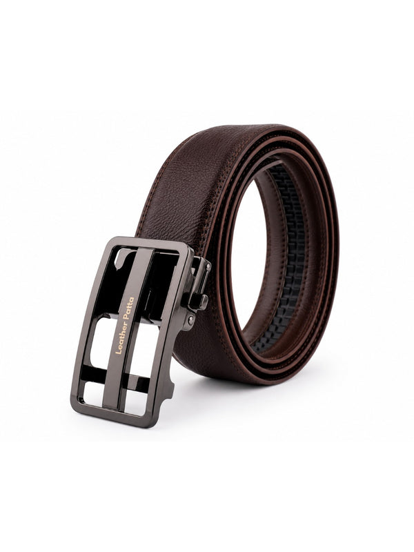 Leather Patta Men's Brown Textured Genuine Leather Auto-Lock Belt – Premium Gloss Buckle