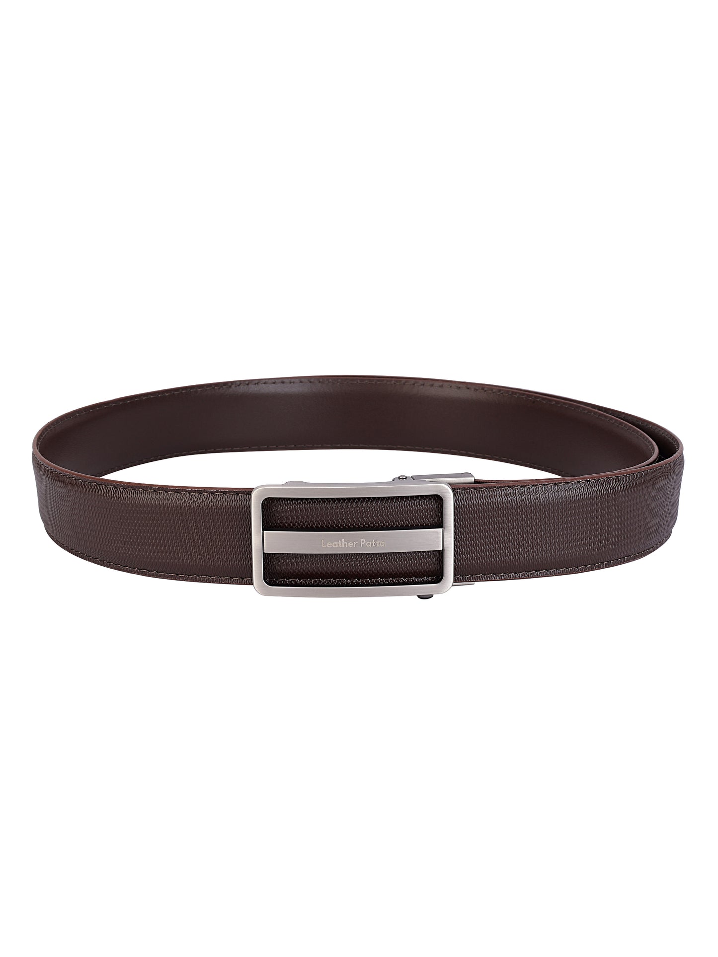 Leather Patta Men's Premium Brown Genuine Leather Auto-Lock Belt | Textured | Brushed Chrome Buckle