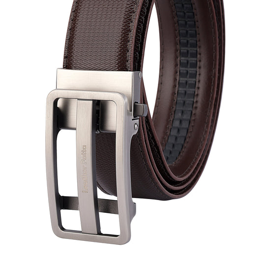 Leather Patta Men's Premium Brown Genuine Leather Auto-Lock Belt | Textured | Brushed Chrome Buckle