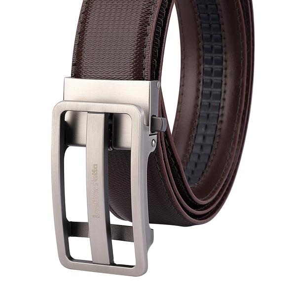 Premium Brown Genuine Leather Formal Auto-Lock Belt | Textured | Brushed Chrome Buckle
