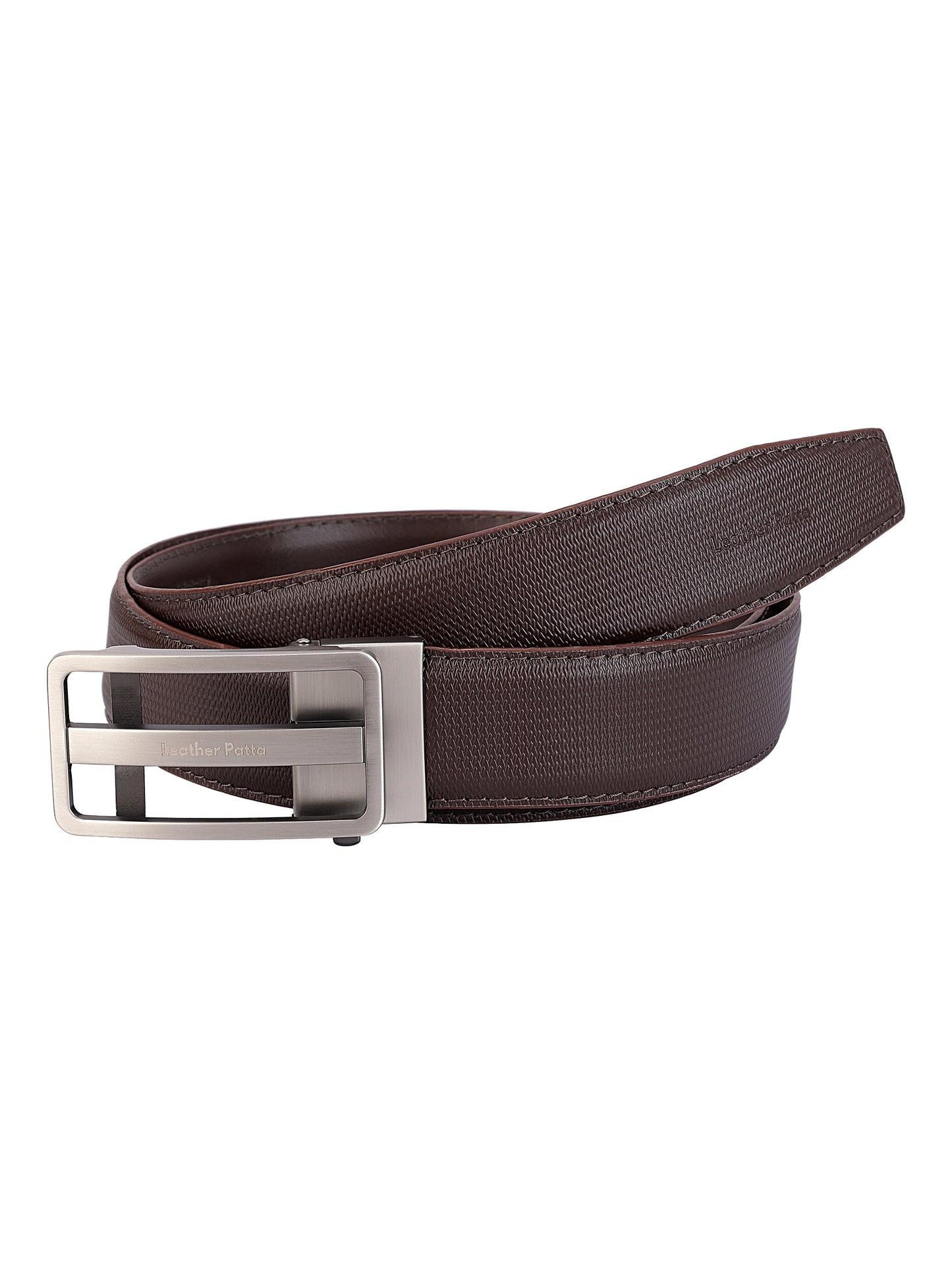 Leather Patta Men's Premium Brown Genuine Leather Auto-Lock Belt | Textured | Brushed Chrome Buckle
