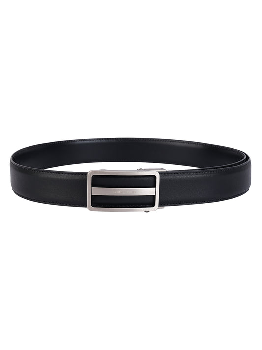 Leather Patta Men's Premium Black Genuine Leather Auto-Lock Belt | Textured | Brushed Chrome Buckle