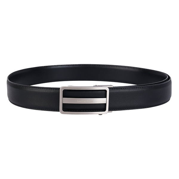 Men's Premium Black Genuine Leather Formal Auto-Lock Belt | Textured | Brushed Chrome Buckle