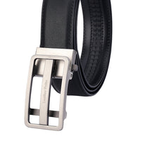 Men's Premium Black Genuine Leather Formal Auto-Lock Belt | Textured | Brushed Chrome Buckle
