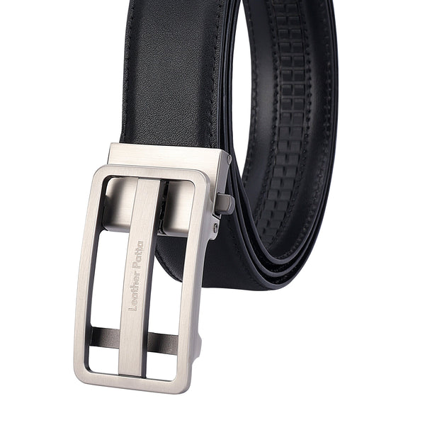 Men's Premium Black Genuine Leather Formal Auto-Lock Belt | Textured | Brushed Chrome Buckle alternate view