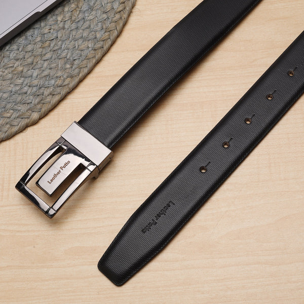 The Signature Duo – Textured Genuine Leather Reversible Belt | Black & Brown | Chrome Buckle | Leather Patta