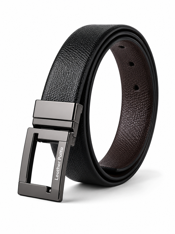 The Classic DualTone – Men’s Reversible Textured Leather Belt | Black & Brown | Chrome Buckle | Leather Patta