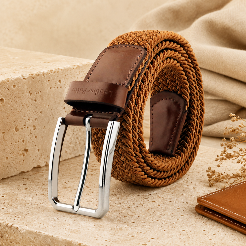 Leather Patta Men's Tan Braided Canvas Stretch Belt with Chrome Buckle