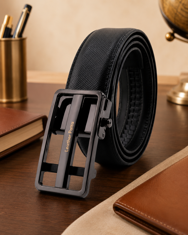 Black Textured Genuine Leather Formal Auto-Lock Belt – Premium Gloss Buckle