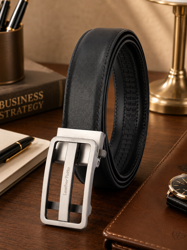 Men's Premium Black Genuine Leather Formal Auto-Lock Belt | Textured | Brushed Chrome Buckle