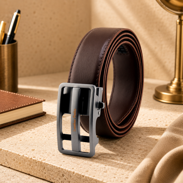 Brown Genuine Leather Formal Auto-Lock Belt – Matte Cut-Out Buckle