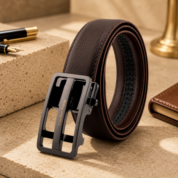 Leather Patta Men's Brown Textured Genuine Leather Auto-Lock Belt – Premium Gloss Buckle