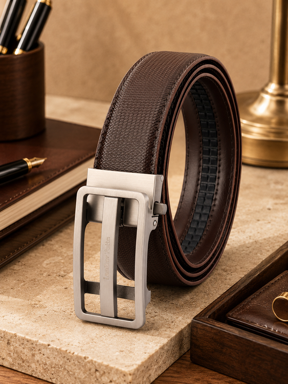 Premium Brown Genuine Leather Formal Auto-Lock Belt | Textured | Brushed Chrome Buckle