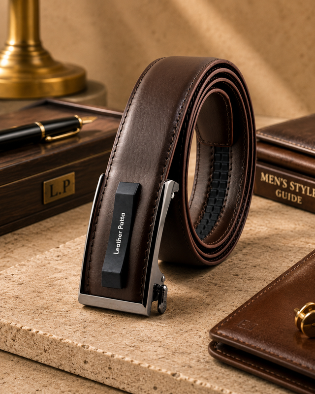 Men's Brown  Genuine Leather Formal Auto-Lock Belt – Classic Finish