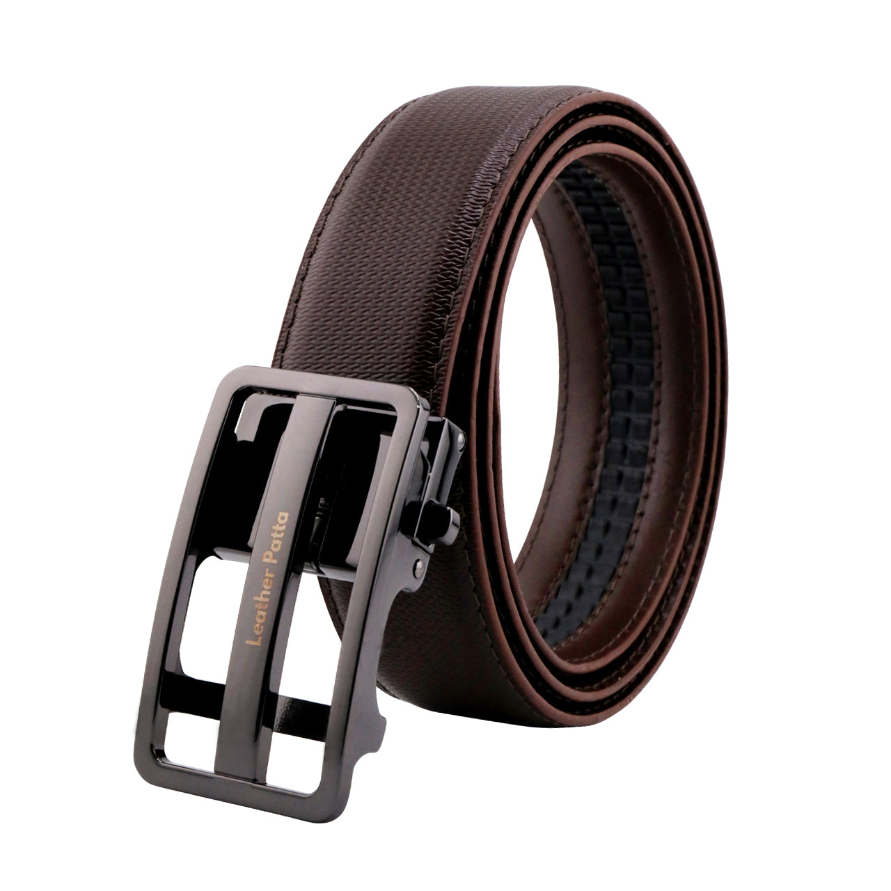 Leather Patta Men's Black Genuine Leather Auto-Lock Belt – Matte Cut-Out Buckle