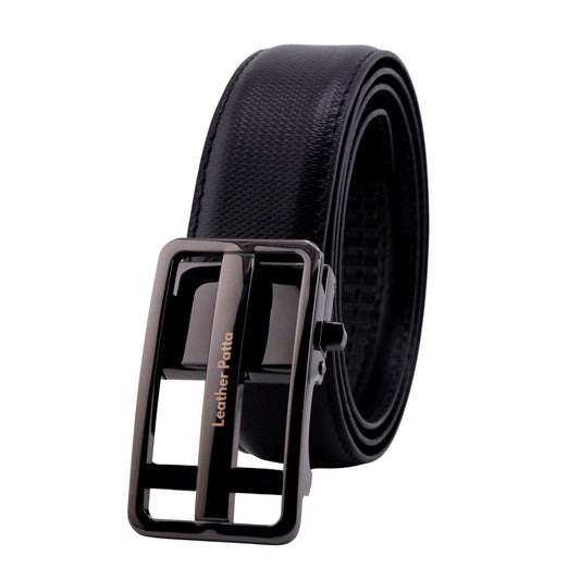 Leather Patta Men's Black Textured Genuine Leather Auto-Lock Belt – Premium Gloss Buckle