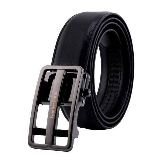 Leather Patta Men's Black Genuine Leather Auto-Lock Belt – Matte Cut-Out Buckle