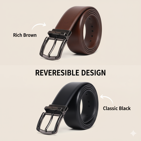 The Urban Gent – Formal Reversible Textured Leather Belt | Black & Brown | Chrome Buckle | Leather Patta alternate view