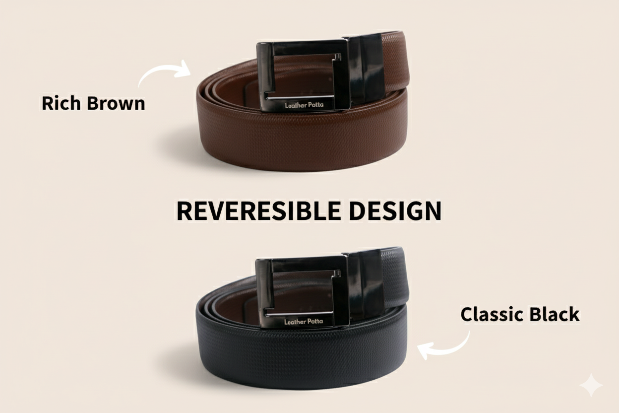The Classic DualTone – Men’s Reversible Textured Leather Belt | Black & Brown | Chrome Buckle | Leather Patta