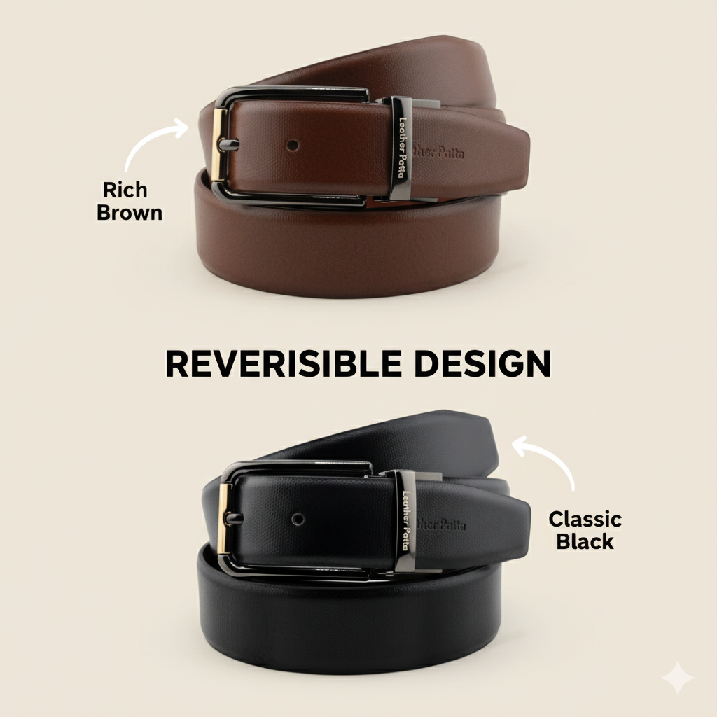 The Alpha Duo – Leather Patta Men’s Reversible Genuine Leather Belt | Textured | Black & Brown | Chrome Buckle