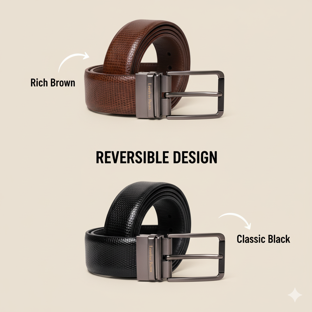 The Prestige Reversible – Men’s Textured Leather Belt | Black & Brown | Premium Chrome Buckle | Leather Patta