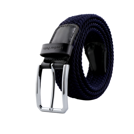 Leather Patta Men's Navy Blue Braided Elastic Stretch Belt with Chrome Buckle