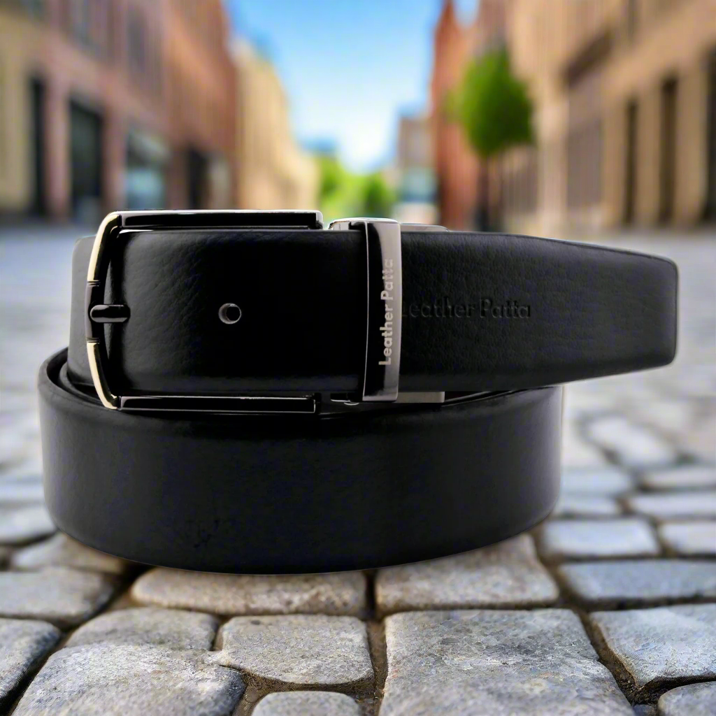 The Metro Edge – Reversible Textured Leather Belt | Black & Brown | Chrome Buckle | Leather Patta